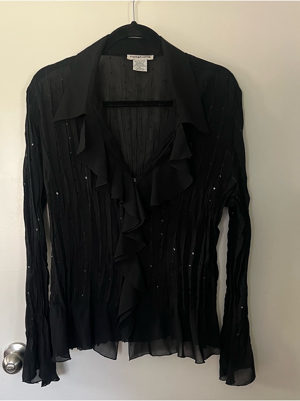 Vintage Y2K Notations Ruffle Sheer Sequin Blouse with Bell Sleeves